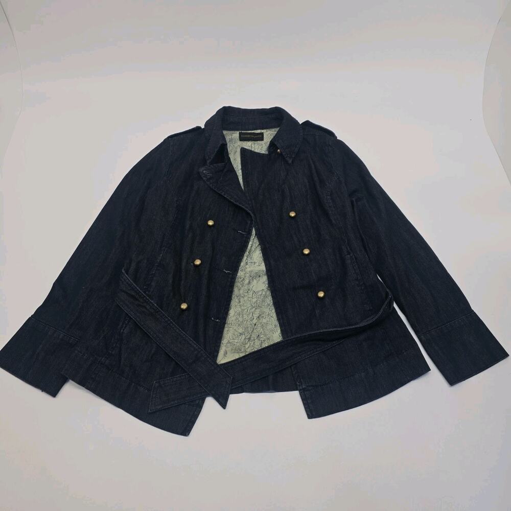 Y2K Military Utility Trench Denim Coat Cottagecore Floral Lining Belted Pockets